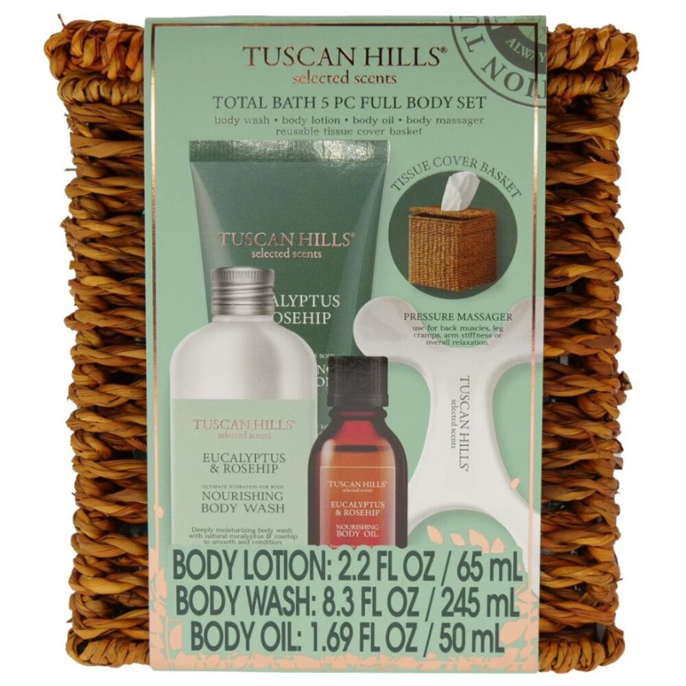 NEW Tuscan Hills Bath Full Body Set Wicker Tissue Holder 5 Piece Gift Set Eucaly
